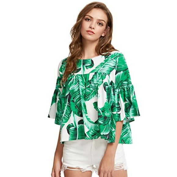 Tops - Bell Sleeve Tropical Palm Blouse